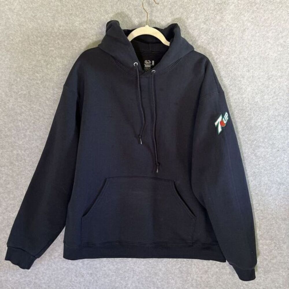 Vintage 90's Streetwear Mens Large 7up Hoodie Sweatshirt‎ Dark Blue Super Cotton